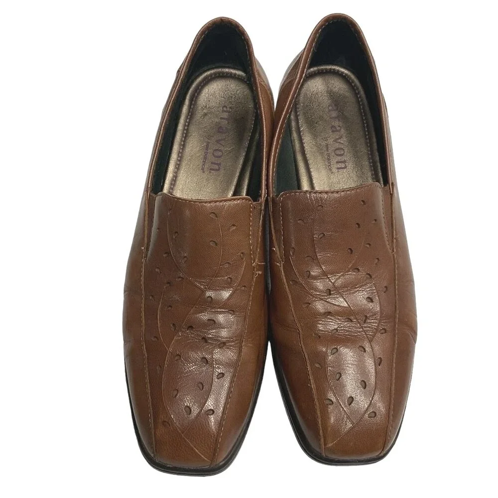 Aravon‎ Kiley Floral Cut Out Leather Loafers Slip on Shoes Brown Size 9.5 2A